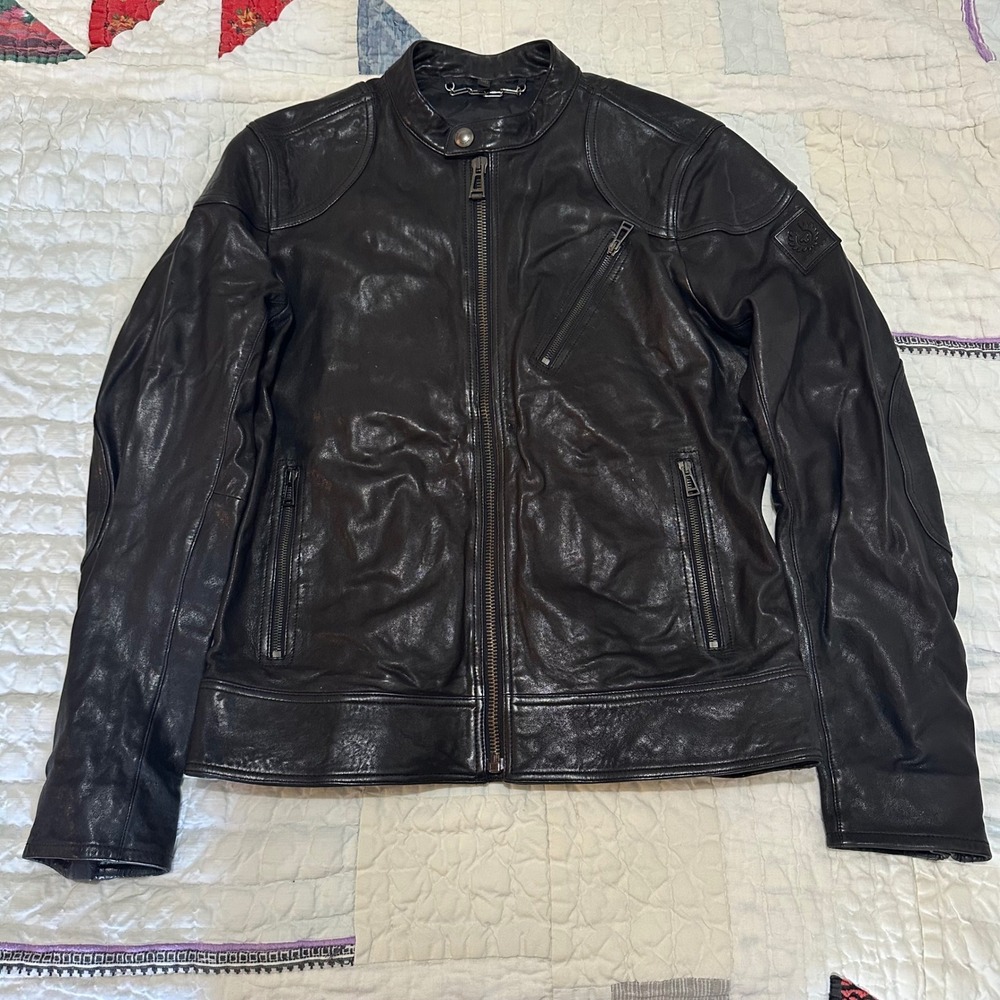 Belstaff Leather Jacket Black Cafe Racer Moto Size 50